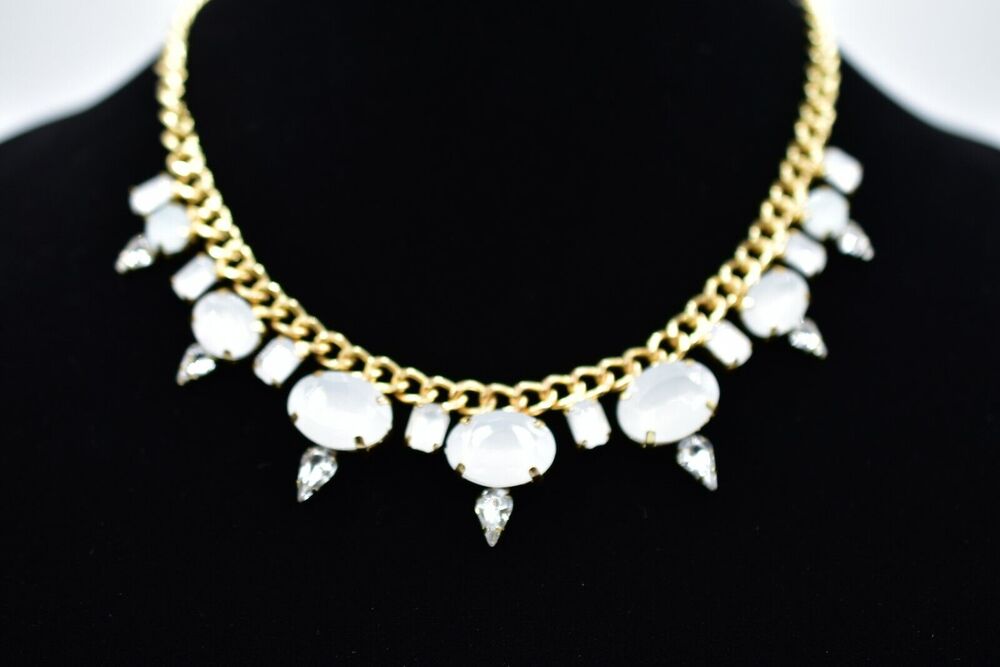 Cabochon Collar Necklace Milk Lucite Jeweled Rhinestone Crystal Gold Tone BinI